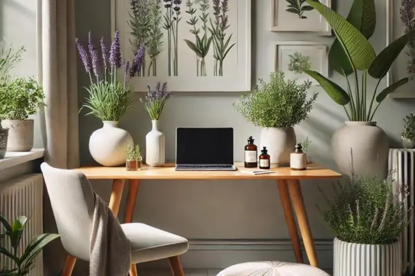 Elementos Decorativos e aromáticos: Almofadas e Plantas Aromáticas no Espaço de Trabalho